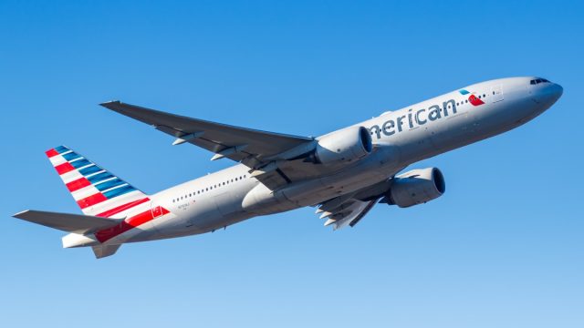 Frankfurt, Germany - February 13, 2021: American Airlines Boeing 777-300ER airplane at Frankfurt Airport (FRA) in Germany.