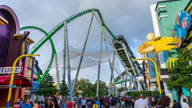 Guests walking through the rides at Universal Studios in Orlando.