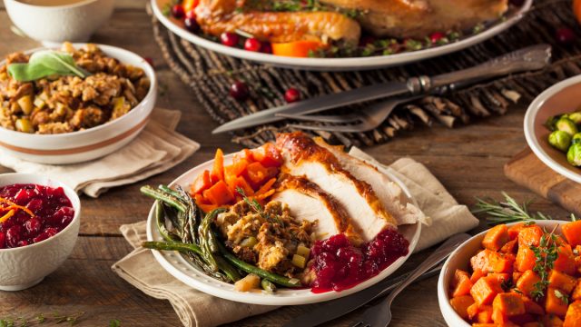 Full Homemade Thanksgiving Dinner with Turkey Stuffing Veggies and Potatos