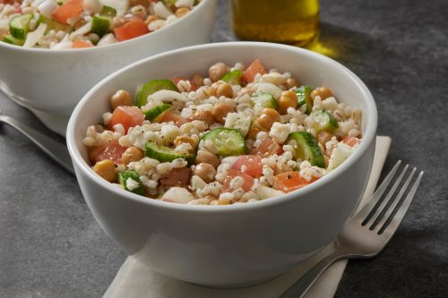 Greek Style Barley Salad with Feta, Tomatoes, Cucumber, Onion and Chickpeas