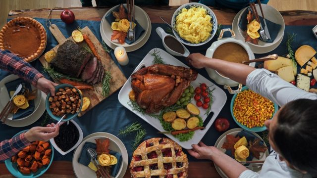 Stuffed Turkey for Thanksgiving Holidays with Pumpkin, Peas, Pecan, Berry Pie, Cheese Variations and Other Ingredient