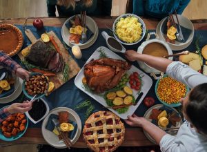 Stuffed Turkey for Thanksgiving Holidays with Pumpkin, Peas, Pecan, Berry Pie, Cheese Variations and Other Ingredient