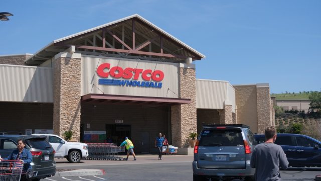 Folsom, California, USA - April 16, 2023: Costco Wholesale storefront in Folsom, California on a late afternoon. Costco Wholesale operates an international chain of membership warehouses, carrying brand name merchandise at substantially lower prices.