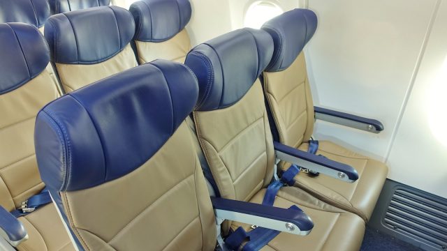 Interior view of empty seats on an airplane from Southwest Airlines