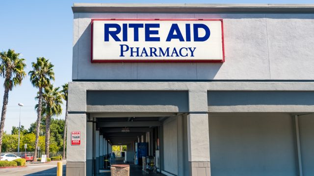 The storefront entrance of a Rite Aid pharmacy location