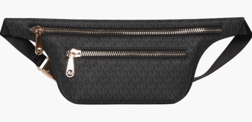 A black Michael Kors faux leather belt bag against a white background