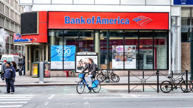 A Bank of America branch location in a city