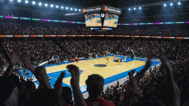 High Angle Establishing Wide Shot of a Whole Arena of Spectators Watching a Basketball Championship Game.