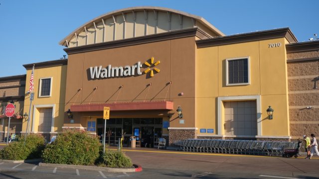 Citrus Heights, California, USA - July 18,2023: High sun over Walmart Supercenter in California. Walmart is an American public multinational corporation that runs chains of large discount department stores and warehouse stores.