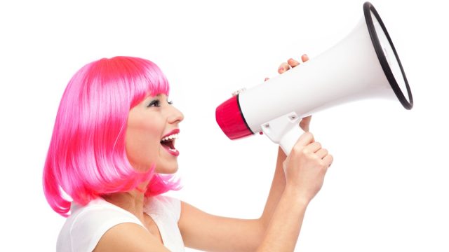 Woman delivering good roasts and funny insults through megaphone