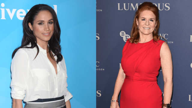 Meghan Markle in 2014; Sarah Ferguson in 2019