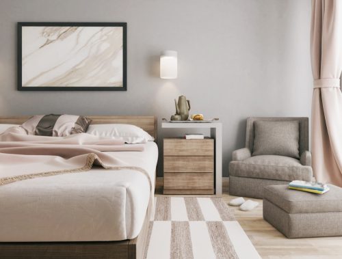 Picture of a cozy bedroom interior design. Render image.