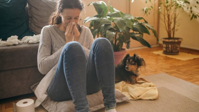 sick woman with tissues sitting on a pillow on the floor next to her dog