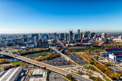 The skyline of beautiful Nashville, Tennessee, known as "Music City" along the banks of the Cumberland River.