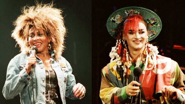 Tina Turner performing at Wembley Arena in 1985; Boy George performing at Wembley Arena in 1984