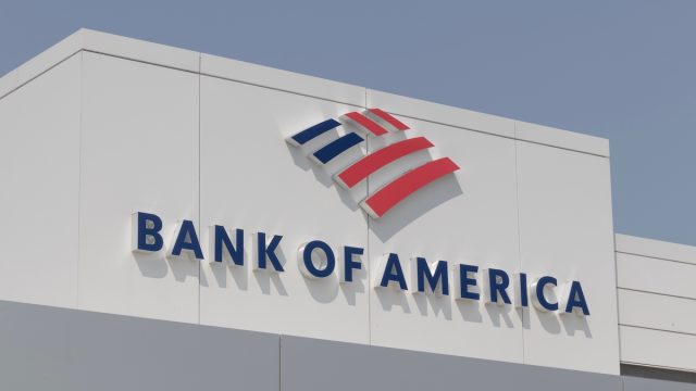 Close up of Bank of America logo on building.
