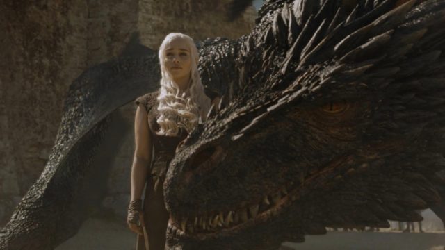 still of Daenerys Targaryen and her dragon from Game of Thrones