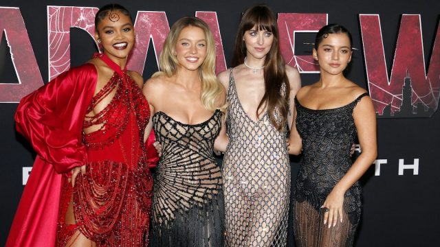 Celeste O'Connor, Sydney Sweeney, Dakota Johnson and Isabela Merced at the premiere of "Madame Web" in February 2024