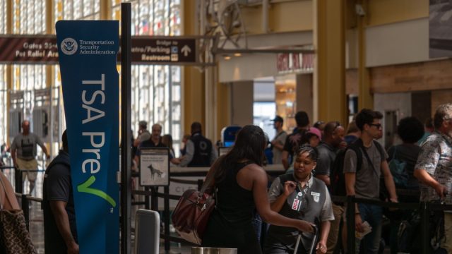WASHINGTON, DC JULY 3, 2018: TSA Precheck and Global Entry line at security checkpoint at Reagan National Airport