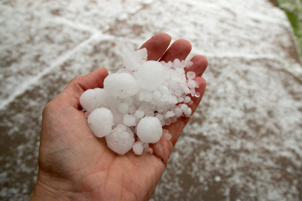 A person's hand holding hailstones after a storm