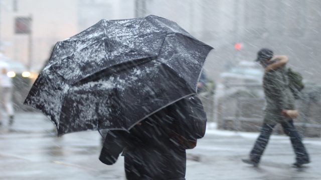 A pedestrian walking in a snowstorm with an umbrella