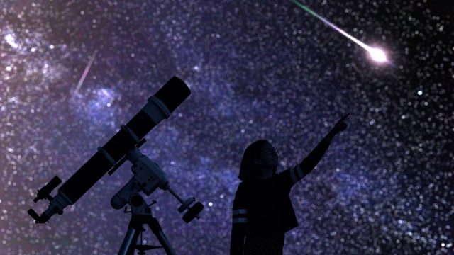 Silhouette of young girl with telescope watching meteor shower