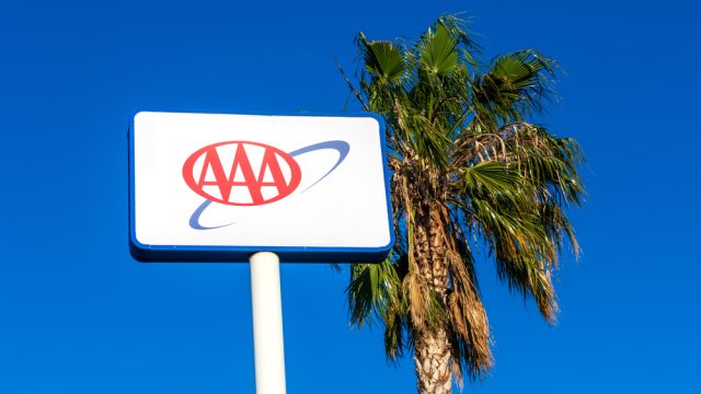 A close up of a AAA sign next to a palm tree