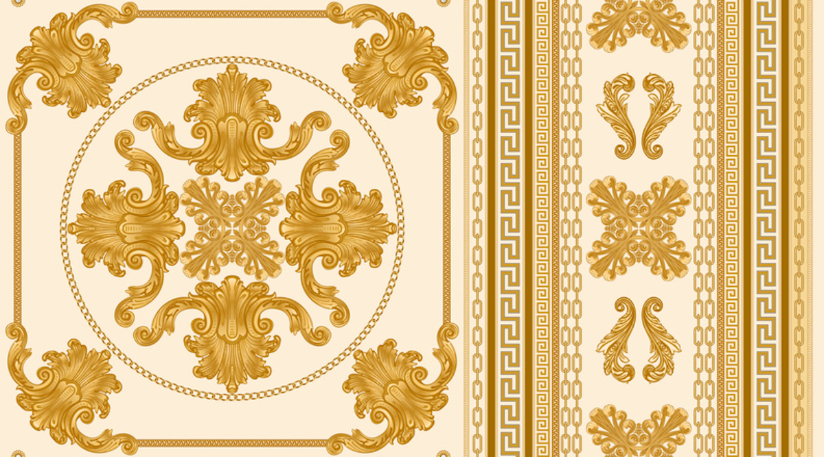 Seamless border pattern print on a beige background, Gold chains and cables, Greek Meander frieze, Baroque scrolls and pearl shell. Scarf, neckerchief, kerchief, carpet, rug, mat frieze