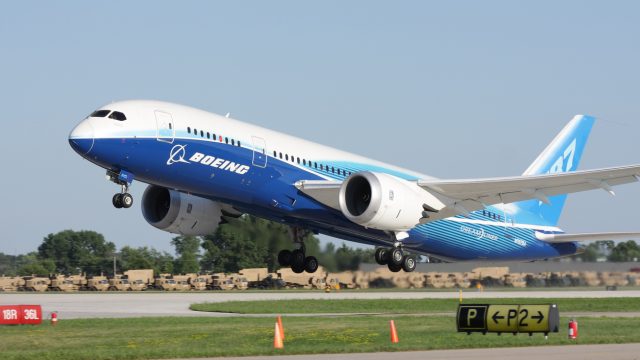 A Boeing 787 taking off from a runway