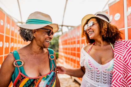 mother and daughter wearing sunglasses and hats