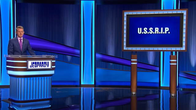 Still from Final Jeopardy with the host and the category "U.S.S.R.I.P"