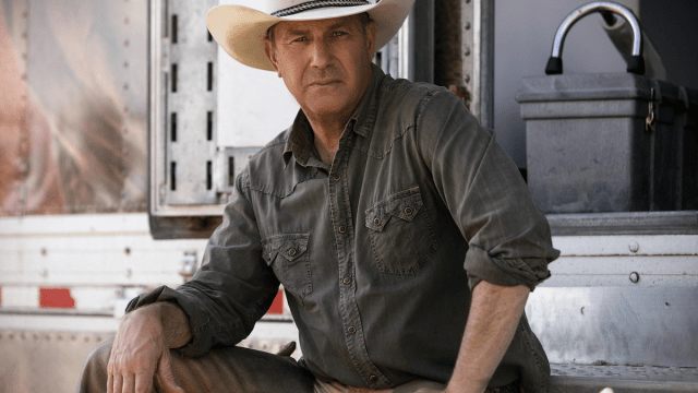 Kevin Costner in a cowboy hat on the set of Yellowstone