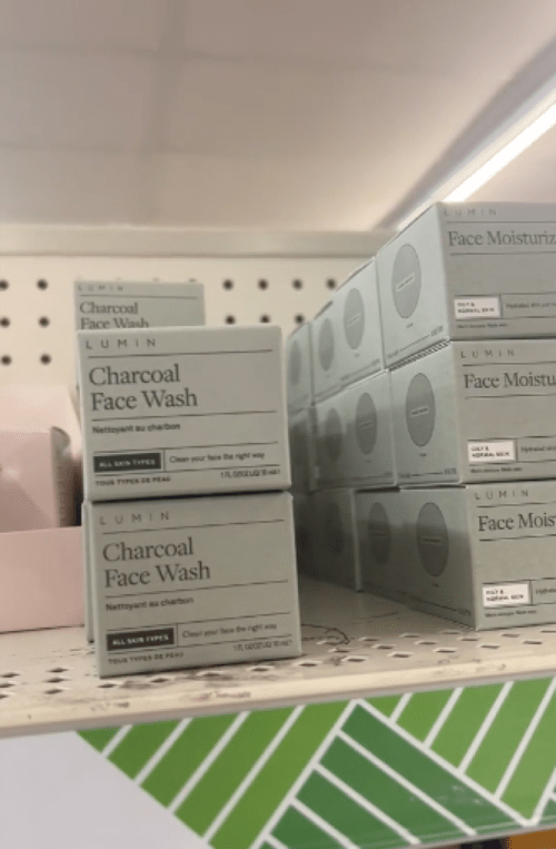 still from TikTok of Lumin skincare being sold at Dollar Tree