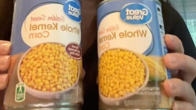 two cans of Walmart Great Value corn