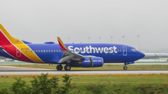 Image of Southwest Airlines Boeing 737 jet with registration N434WN shown landing at LAX, Los Angeles International Airport.