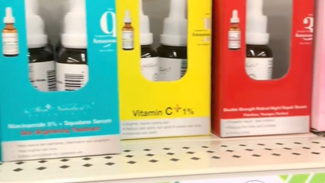 skincare products on a shelf at Dollar Tree