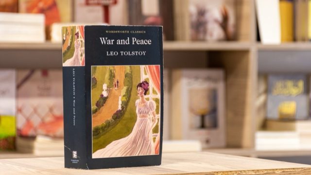 War and Peace sitting on table in bookstore