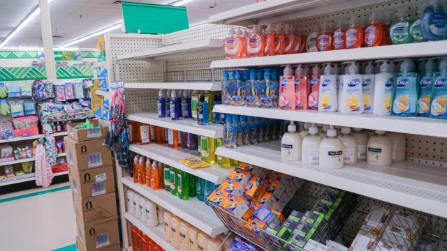 Empty shelf for hand sanitizers at the local Dollar Tree store due to current virus scare.