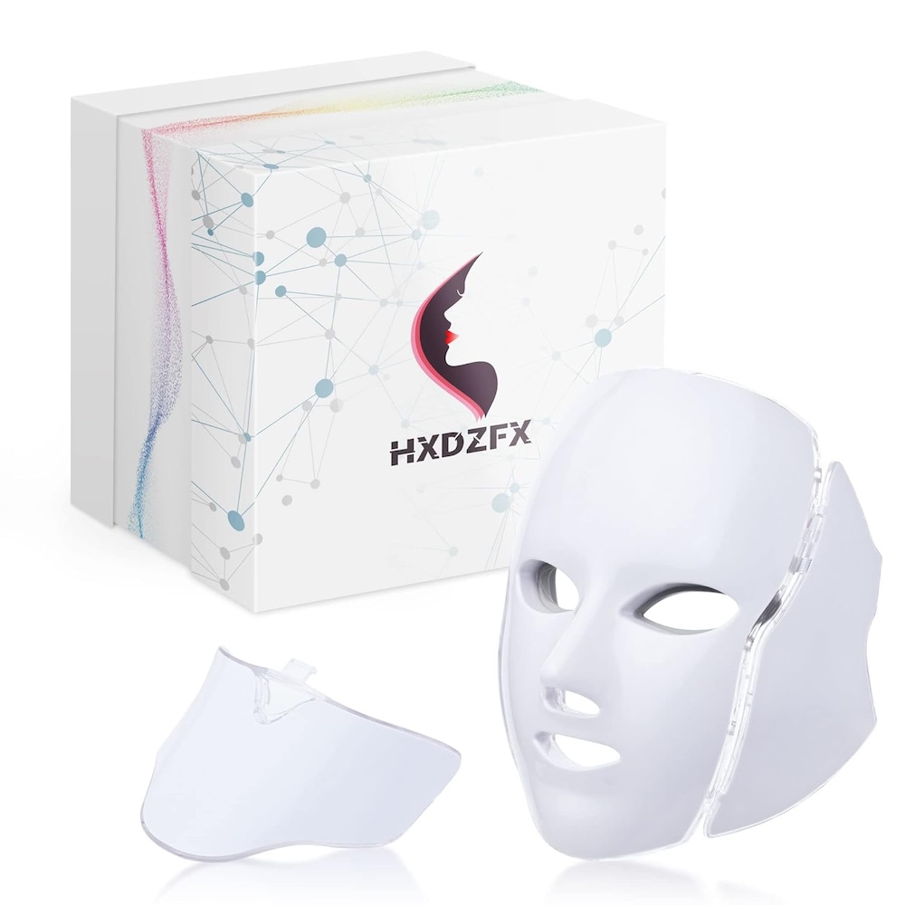 An LED facial mask next to its packaging