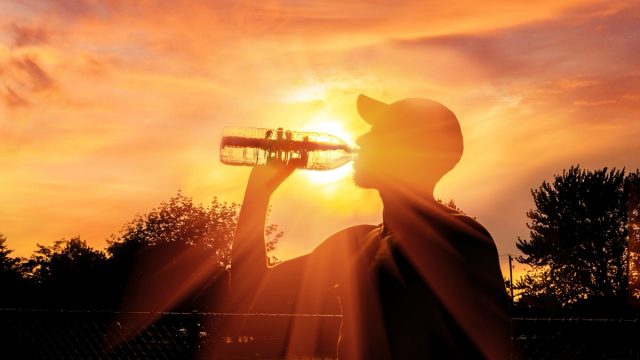 man drinking a bottle of water during heatwave