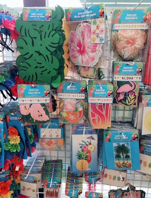 Display of summer party banners at Dollar Tree