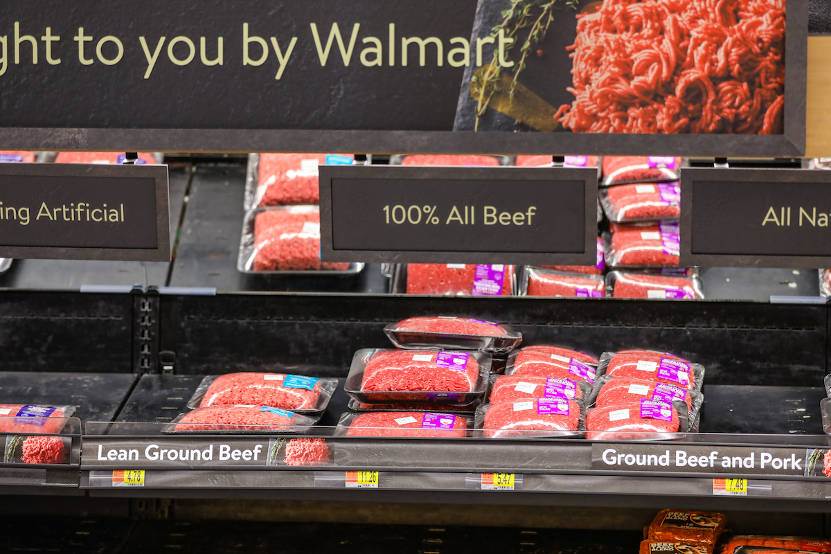 Display case of ground beef at a Walmart store