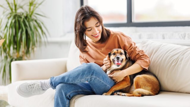 happy young woman holding her dog on the couch