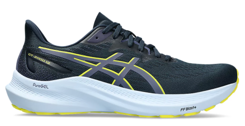 black white and yellow ASICS sneaker