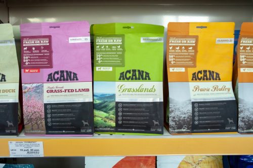 Acana brand animal feed on a supermarket shelf.