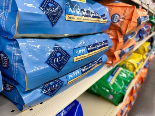 Blue Buffalo brand puppy food for sale, on display at a Petsmart pet store