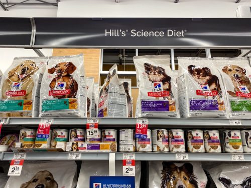 A display of Hills Science Diet Dog Food at a Petsmart Superstore ready for pet owners to purchase for their pets.