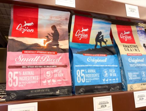 Bags of Orijen whole prey diet for dogs.