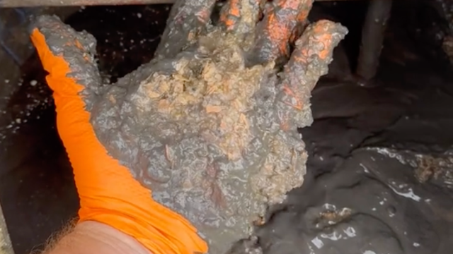 Still from a video showing a hand wearing an orange glove, pulling black gunk out of a hot water heater