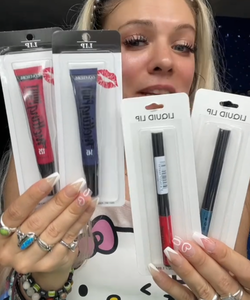 Dollar Tree shopper holding up lipsticks